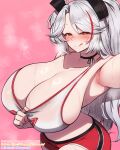  1girl :q alternate_breast_size_(larger) arm_up armpits azur_lane bare_arms bare_shoulders black_choker black_ribbon blush breasts bright_pupils choker cleavage closed_mouth clothes_pull collarbone commentary_request commission cowboy_shot crop_top cross-laced_clothes cross-laced_top fanbox_username grey_hair half-closed_eyes hand_up headgear heavy_breathing highres huge_breasts long_hair looking_at_viewer midriff multicolored_hair nose_blush official_alternate_costume paid_reward_available parted_bangs patreon_username pink_background pixiv_commission prinz_eugen_(azur_lane) prinz_eugen_(brilliant_touchdown)_(azur_lane) pulling_own_clothes reaching reaching_towards_viewer red_shorts red_streaks ribbon ribbon_choker rikuguma ring_light_reflection shirt shirt_pull short_shorts shorts sideboob simple_background solo standing steaming_body streaked_hair striped_clothes striped_shorts sweat tank_top tongue tongue_out twitter_username two_side_up variant_set very_long_hair wet wet_clothes wet_shirt white_pupils white_tank_top yellow_eyes 