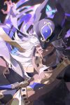 1boy ancient_egyptian_clothes animal_helmet closed_mouth commentary cyno_(genshin_impact) dark-skinned_male dark_skin dated floating_hair genshin_impact hair_between_eyes highres long_hair looking_at_viewer male_focus red_eyes signature solo usekh_collar white_hair you_yeyou0904 