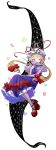  1girl absurdres blonde_hair bow bug butterfly commentary dress dress_bow footwear_bow frilled_dress frills gap_(touhou) hair_bow hair_bun hand_fan hat hat_ribbon highres long_hair minus_(sr_mineka) one_eye_closed pleated_dress purple_dress red_bow red_ribbon red_shoes ribbon shoes short_sleeves simple_background solo touhou twintails white_background yakumo_yukari yellow_eyes 