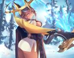  1girl animal_ears ass belt blue_fire breasts brown_hair cowboy_shot dark-skinned_female dark_skin echocalypse fire halo highres horus_(echocalypse) large_breasts mechanical_halo monx!! short_hair side_slit sideboob skirt smile solo tree white_skirt yellow_eyes 