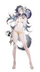  1girl absurdres alternate_costume animal_ears arknights bare_arms bare_legs bare_shoulders barefoot bikini bracelet breasts charm_(object) chinese_commentary cleavage collarbone commentary_request feet fingerless_gloves full_body gloves grey_eyes grey_gloves grey_hair groin hair_between_eyes hair_ornament hairclip hands_up highres jewelry lappland_(arknights) liduke linea_alba long_hair looking_at_viewer material_growth nail_polish navel necklace octopus oripathy_lesion_(arknights) scar scar_across_eye scar_on_face simple_background small_breasts solo squid stomach swimsuit tail tentacles third-party_source toenail_polish toenails toes waifu2x white_background wolf_ears wolf_girl wolf_tail 