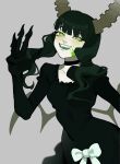  1girl absurdres black_dress black_hair black_rock_shooter commentary dead_master demon_girl demon_horns dress english_commentary green_eyes highres horns looking_at_viewer porqueloin short_hair_with_long_locks solo 