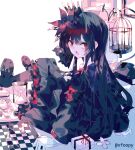  armband birdcage black_capelet black_hair black_pantyhose black_shirt black_shoes black_skirt cage cake cake_slice capelet chess_piece collared_shirt commentary crown cup flower food foopy gloves hair_flower hair_ornament highres hourglass layered_skirt long_hair long_skirt long_sleeves looking_at_viewer mahou_shoujo_no_majo_saiban mary_janes nikaido_hiro open_mouth pantyhose pleated_capelet red_armband red_eyes red_skirt shelf shirt shoes side_capelet simple_background skirt tea_set teacup teapot untranslatable_commentary watermark white_background white_flower white_gloves white_shirt 