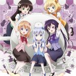  5girls :d absurdres album_cover angora_rabbit animal animal_on_head arm_up black_skirt blonde_hair blue_bow blue_bowtie blue_eyes blue_hair blue_skirt blue_vest bow bowtie brown_hair brown_skirt cover cup flower gochuumon_wa_usagi_desu_ka? green_bow green_bowtie green_eyes green_vest hair_flower hair_ornament hairclip highres hoto_cocoa kafuu_chino kirima_syaro long_hair looking_at_viewer multiple_girls official_art on_head open_mouth orange_bow orange_bowtie pantyhose pink_vest purple_bow purple_bowtie purple_eyes purple_hair purple_skirt purple_vest rabbit rabbit_house_uniform rabbit_on_head red_bow red_bowtie saucer shirt shoes short_hair short_sleeves sitting skirt smile teacup teapot tedeza_rize tippy_(gochiusa) twintails ujimatsu_chiya vest white_shirt x_hair_ornament yellow_vest 