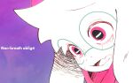  1boy animal_ears commentary crying crying_with_eyes_open deltarune east-west_crossover english_text fangs furry furry_male glasses goat_boy goat_ears green-framed_eyewear highres horizontal_pupils looking_down male_focus non-breath_oblige_(vocaloid) open_mouth parody pink_eyes pink_scarf portrait purple_background raised_inner_eyebrows ralsei samuton9574 scarf skin_fangs solo song_name tears tongue utdr_(toby_fox) 