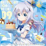  1girl album_cover back_bow blue_background blue_bow blue_eyes blue_gloves blue_hair blue_ribbon blue_sailor_collar blush bow box cake cake_slice candle checkerboard_cookie closed_mouth cookie copyright_name cover dress eyepatch food fruit gift gift_box gloves gochuumon_wa_usagi_desu_ka? hair_between_eyes hair_ornament happy_birthday hat highres holding holding_plate kafuu_chino long_hair looking_at_viewer mini_hat official_art plate puffy_short_sleeves puffy_sleeves ribbon sailor_collar shirt short_sleeves smile solo strawberry striped_bow stuffed_animal stuffed_rabbit stuffed_toy tilted_headwear top_hat treble_clef white_dress white_hat white_shirt x_hair_ornament 