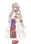  1girl blonde_hair bow commentary dress footwear_bow frilled_dress frilled_sleeves frills hair_between_eyes hair_bow hat hat_ribbon highres kashiwada_kiiho long_dress long_hair long_sleeves looking_at_viewer mob_cap multiple_hair_bows open_mouth purple_eyes purple_tabard red_bow red_ribbon red_shoes ribbon shoes sidelocks sleeve_garter solo standing tabard touhou very_long_hair white_background white_dress white_hat wide_sleeves yakumo_yukari yin_yang yin_yang_print 