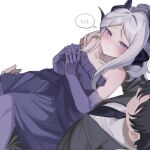  bare_shoulders black_hair black_horns blue_archive blue_necktie blush carrying commentary_request dress elbow_gloves embarrassed from_above gloves grey_hair grey_jacket highres hina_(blue_archive) hina_(dress)_(blue_archive) horns jacket long_hair looking_at_viewer necktie off-shoulder_dress off_shoulder parted_lips princess_carry purple_dress purple_eyes purple_gloves sensei_(blue_archive) shirt short_hair simple_background speech_bubble supic1711 white_background white_shirt 