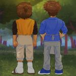  2023 2boys alternate_costume alternate_hairstyle alternate_universe antenna_hair arms_at_sides artist_name blue_shoes blue_sweater brothers brown_hair brown_pants brown_sandals commentary ear_piercing english_commentary from_behind grass grey_pants hands_on_own_hips hero_(faraway)_(omori) hero_(omori) highres invisible_floor kel_(faraway)_(omori) kel_(omori) madnopost male_focus multiple_boys omariposa omori pants piercing sandals shoes short_hair short_sleeves siblings sleeves_rolled_up sneakers socks standing sweater tree white_socks 
