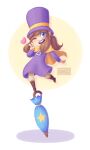  1girl a_hat_in_time balancing blue_eyes blue_umbrella boots brown_boots brown_hair brown_pants cape child closed_umbrella commentary english_commentary hat hat_kid hat_ribbon heart highres honnojis jacket looking_at_viewer medium_hair one_eye_closed open_mouth pants ponytail purple_hat purple_jacket ribbon shadow sidelocks signature smile solo standing standing_on_one_leg star_(symbol) teeth top_hat umbrella upper_teeth_only v white_background yellow_cape yellow_ribbon zipper_pull_tab 
