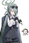  1girl absurdres black_gloves black_leggings black_necktie blood blood_from_ears blood_from_mouth blue_archive braid coat coat_on_shoulders collared_shirt commentary covered_groin cowboy_shot doodle_sensei_(blue_archive) dra_(dhra_a) eyewear_on_head flute gloves green_hair green_halo hair_over_one_eye halo high-waist_leggings highres holding holding_flute holding_instrument instrument leggings long_sleeves mina_(blue_archive) multiple_thigh_straps necktie one_eye_covered pink_eyes playing_instrument sensei_(blue_archive) shirt short_hair simple_background solo standing sunglasses thigh_strap white_background white_shirt 