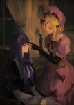  2girls beret black_dress black_gloves blonde_hair blue_bow blunt_bangs bow bowtie candle chair closed_mouth commentary curtains dress dress_bow elbow_gloves elemi_souls english_commentary frederica_bernkastel frilled_dress frilled_sleeves frills gloves hair_bow hat highres indoors jack-o'-lantern juliet_sleeves lambdadelta layered_sleeves lolita_fashion long_hair long_sleeves looking_at_another multiple_girls painting_(object) picture_frame pink_dress pointing pointing_at_another poking puffy_short_sleeves puffy_sleeves pumpkin purple_eyes purple_hair red_bow red_bowtie red_eyes ribbon short_hair short_sleeves sidelocks sitting smile umineko_no_naku_koro_ni window 