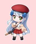  1girl alternate_costume assault_rifle beret black_shoes black_socks blue_hair blunt_bangs blush bra_strap chibi chibi_only commentary eotech foregrip full_body girls'_frontline green_eyes grey_sweater gun gun_sling h&amp;k_hk416 hair_ornament hat highres hk416_(girls'_frontline) jiwon_(sj1) kneehighs laser_sight long_hair long_sidelocks looking_at_viewer off_shoulder outline pink_background plaid_clothes plaid_skirt pleated_skirt red_hat red_skirt rifle shoes sidelocks simple_background skirt smile socks solo suppressor sweater vertical_foregrip very_long_hair weapon white_outline 