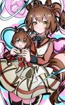  1girl animal_ears aston_machan_(flare)_(umamusume) aston_machan_(umamusume) black_bow black_bowtie black_thighhighs blush bow bowtie breasts brown_hair character_doll closed_mouth commentary_request crown doll ear_ornament green_eyes hair_ornament hair_scrunchie heart highres holding holding_doll horse_ears horse_girl horse_tail kikkasoon long_sleeves looking_at_viewer mini_crown red_sash red_scrunchie red_sleeves sash scrunchie shirt shoulder_sash skirt smile solo tail thighhighs tilted_headwear umamusume white_shirt 