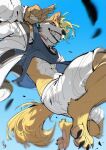 2026 4_toes 5_fingers abs action_pose anthro athletic athletic_anthro athletic_male barefoot biped black_claws blonde_hair blue_background blue_clothing blue_shirt blue_topwear bottomwear canid chiayeeee chromatic_aberration claws closed_smile clothed clothed_anthro clothed_male clothing countershade_arms countershade_face countershade_neck countershade_torso countershading digital_drawing_(artwork) digital_media_(artwork) feet fingerpads fingers front_view full-length_portrait fully_clothed fully_clothed_anthro fully_clothed_male fur gesture gums hair hand_gesture hi_res jacket looking_at_viewer looking_down looking_down_at_viewer male mammal mouth_closed multicolored_body multicolored_fur navel open_clothing open_jacket open_topwear pawpads pink_pawpads plantigrade portrait pose purple_eyes shirt shorts signature simple_background sleeveless_shirt smile snout solo tail tan_claws tan_pawpads teeth toe_claws toes toothy_grin topwear two-finger_salute two_tone_body two_tone_fur white_body white_bottomwear white_clothing white_countershading white_fur white_jacket white_shorts white_topwear yellow_body yellow_fur