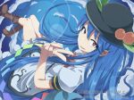  1girl blue_eyes boots brown_boots cloud gurina_15 hair_between_eyes highres hinanawi_tenshi long_hair long_sidelocks looking_at_viewer open_mouth peach_hat_ornament puffy_short_sleeves puffy_sleeves rainbow_order red_eyes shirt short_sleeves sidelocks smile solo touhou v watermark white_shirt 