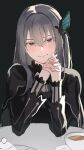  1girl black_background black_dress butterfly_hair_ornament closed_mouth commentary_request cup dress echidna_(re:zero) hair_ornament highres long_hair pov_across_table purple_eyes re:zero_kara_hajimeru_isekai_seikatsu simple_background solo sushirice_0 tea teacup upper_body white_hair 