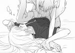  2girls cho_kaguya-hime! controller greyscale highres long_hair lying monochrome multiple_girls on_back remote_control runami_yachiyo sakayori_iroha short_sleeves shorts sleepdeadme spread_legs sweat yuri 