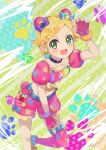  1girl :d aikatsu! aikatsu!_(series) animal_ears arm_up asymmetrical_legwear bear_ears bear_tail blonde_hair braid commentary_request cropped_shirt earrings fake_animal_ears green_background green_eyes idol_clothes jewelry looking_at_viewer navel onbin_ha open_mouth paw_print pink_shirt pink_shorts pink_thighhighs puffy_short_sleeves puffy_sleeves shinjo_hinaki shirt short_hair short_sleeves shorts single_thighhigh smile solo tail thighhighs v-shaped_eyebrows 