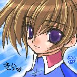 1boy bad_id blue_background brown_hair character_name closed_mouth commentary_request gundam gundam_seed hibiki_seiya jaggy_lines kira_yamato lowres male_focus portrait purple_eyes short_hair smile solo 
