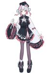  1girl adapted_costume alternate_costume black_hat black_pantyhose black_skirt braid braided_hair_rings chinese_clothes commentary_request detached_collar flower flower-trimmed_shorts flower-trimmed_sleeves frilled_sleeves frills full_body gradient_hair hair_flower hair_ornament hair_rings hat hat_flower highres long_sleeves looking_at_viewer mahou_shoujo_no_majo_saiban multicolored_hair mumesan2 neck_ribbon o-ring o-ring_thigh_strap ofuda ofuda_on_head pantyhose pink_eyes pink_hair qingdai_guanmao ribbon sakuraba_ema short_hair simple_background skirt solo standing talisman thigh_strap white_background white_hair white_sleeves wide_sleeves 