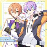  2boys alternate_hairstyle anger_vein angry aqua_streaks black_jacket blonde_streaks border bow bowtie buttons commentary_request cosplay costume_switch crossed_arms crossed_bangs dot_nose drawstring drop_shadow english_text green_eyes grid_background hair_between_eyes hairstyle_switch highres holding holding_microphone holding_stuffed_toy hood hood_down hoodie jacket kamishiro_rui lapels long_bangs long_sleeves looking_at_viewer male_focus microphone multicolored_bow multicolored_bowtie multicolored_hair multicolored_jacket multiple_boys one_eye_closed open_clothes open_jacket orange_hair orange_jacket outside_border project_sekai purple_bow purple_bowtie purple_hair reton shinonome_akito short_hair sidelocks smile streaked_hair stuffed_animal stuffed_chicken stuffed_toy twitter_username two-tone_jacket upper_body v v-shaped_eyebrows watermark white_hoodie white_jacket yellow_border yellow_bow yellow_bowtie yellow_eyes 