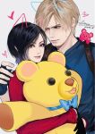  1boy 1girl 2026 ada_wong black_gloves black_hair blonde_hair blue_bow blue_bowtie blue_shirt bow bowtie commentary dated drawn_ears dress fingerless_gloves gloves grey_eyes hetero holding holding_stuffed_toy hover_hand leon_s._kennedy meow_(cindy738) red_dress resident_evil resident_evil_4 resident_evil_4_(remake) ribbed_dress shirt short_hair signature smile stuffed_animal stuffed_toy teddy_bear untranslatable_commentary upper_body 