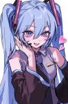  1girl bare_shoulders black_sleeves blue_hair blue_nails blue_trim breasts commentary detached_sleeves fingernails grey_shirt hair_between_eyes hair_ornament hand_on_headset hatsune_miku heart heart_in_eye highres light_blush long_hair looking_at_viewer nail_polish necktie purple_eyes purple_necktie shirt sidelocks simple_background sleeveless sleeveless_shirt small_breasts smile solo symbol_in_eye teeth toenail_polish toenails twintails upper_body upper_teeth_only very_long_hair vocaloid white_background wide_sleeves wing_collar yuuri_(0914yuuri_k) 