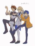  3boys :d ahoge astel_leda astel_leda_(1st_costume) black_hair black_shirt blonde_hair blonde_streaks blue_eyes blue_hair blue_necktie blue_pants buttons celery_umeeee closed_eyes coat collared_shirt commentary_request double-breasted fang full_body gloves green_eyes highres holostars jacket kishido_temma kishido_temma_(1st_costume) long_sleeves male_focus mole mole_under_eye multicolored_hair multiple_boys necktie orange_hair orange_jacket pants red_necktie shirt short_hair sleeve_cuffs sleeves_rolled_up smile standing standing_on_one_leg streaked_hair suntempo tailcoat thigh_strap vest virtual_youtuber white_background white_coat white_gloves white_pants yotsubato!_pose yukoku_roberu yukoku_roberu_(1st_costume) 
