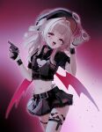  1girl absurdres alternate_costume black_skirt brown_hair cleavage_cutout clothing_cutout collar commentary_request cowboy_shot cure_heart_(artist) demon_wings fangs fishnet_gloves fishnets gloves gun hair_intakes half_gloves heart_cutout highres holding holding_gun holding_weapon leg_tattoo long_hair makaino_ririmu midriff miniskirt navel nijisanji open_mouth piercing pink_eyes pointy_ears police police_uniform policewoman short_sleeves skindentation skirt solo tattoo thigh_strap tongue_piercing two_side_up virtual_youtuber weapon winged_heart winged_heart_tattoo wings wrist_cuffs 