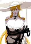  1girl :p arm_under_breasts bare_shoulders black_dress blonde_hair breasts choker cleavage doctor_masube dress frilled_choker frilled_gloves frills gigantic_breasts gloves hair_over_one_eye hat highres holding holding_umbrella large_hat light_smile long_hair looking_at_viewer lucretia_(doctor_masube) one_eye_covered original red_eyes solo strapless strapless_dress sun_hat thigh_peek tongue tongue_out umbrella very_long_hair white_background 