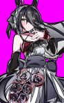  1girl animal_ears bare_shoulders black_flower black_hair black_rose blush closed_mouth collarbone commentary_request dress dress_flower flower hair_between_eyes hand_on_own_chest highres horse_ears horse_girl kikkasoon long_hair long_hair_between_eyes looking_at_viewer manhattan_cafe_(mysterious_rose)_(umamusume) manhattan_cafe_(umamusume) multicolored_dress official_alternate_costume pink_background rose see-through_clothes see-through_veil simple_background smile solo umamusume veil yellow_eyes 