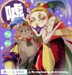  1boy ? arm_up blonde_hair blue_eyes clown_makeup commentary_request cosplay final_fantasy final_fantasy_vi final_fantasy_xiv fingernails in-franchise_crossover kefka_palazzo kefka_palazzo_(cosplay) long_fingernails makeup odder_otter open_mouth otter pointy_ears ponytail purple_background red_nails short_hair simple_background sparkle speech_bubble suemitsu_dicca twitter_username watermark web_address 