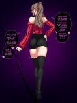  1girl bang_dream! black_boots black_skirt boots brown_hair english_text findom gelatomusume green_eyes grin heart high_heel_boots high_heels highres holding holding_leash imai_lisa implied_netorare leash long_hair looking_at_viewer looking_back netorare official_alternate_hairstyle pov red_shirt shirt skirt smile speech_bubble thigh_boots viewer_on_leash 