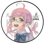  1girl ahoge blue-framed_eyewear blue_bow blue_bowtie bow bowtie commentary_request copyright_name dated glasses hatomugi_seika kantai_collection long_hair looking_at_viewer makigumo_(kancolle) open_mouth orange_eyes pink_hair rabbit school_uniform shirt sidelocks signature simple_background solo teeth twintails upper_body upper_teeth_only white_background white_shirt 