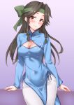  1girl anti_(untea9) ao_dai blush breasts brown_eyes brown_hair cleavage commentary_request dress headband highres jintsuu_(kancolle) jintsuu_kai_ni_(kancolle) kantai_collection long_hair long_sleeves looking_at_viewer medium_breasts open_mouth pants purple_background school_uniform smile solo vietnamese_clothes vietnamese_high_school_uniform white_pants 