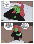 2025 absurd_res bed bed_sheet bedding black_clothing black_dress blush blush_lines bodily_fluids bonnymama7 breasts bust_portrait cleavage clothed clothed_female clothed_humanoid clothing comic cross-popping_vein dialogue digital_drawing_(artwork) digital_media_(artwork) dress elphaba_(bonnymama7) english_text eyelashes female front_view furniture green_body hair half-length_portrait hi_res holding_object humanoid humanoid_pointy_ears lying lying_on_bed medium_comic on_back on_bed one_eye_closed pillow pointy_ears portrait red_hair solo speech_bubble sweat sweaty_face text