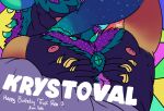 absurd_res artist_name birthday body_hair chest_hair clothed clothing crystal hair handwritten_text happy_trail hi_res horn krystoval_(trick_rex) long_hair male microsoft minecraft mojang muscular nipples pookashifts purple_body ribs signature solo text tongue tongue_out topless warden_(minecraft) xbox_game_studios
