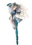  1girl absurdres aqua_boots aqua_pantyhose asymmetrical_footwear blonde_hair blue_eyes boots breasts clerical_collar commentary_request cone_horns cpltcc curled_horns ereshkigal_(fate) fate/grand_order fate_(series) frills gloves green_pantyhose hair_ribbon headpiece highres horns leotard long_hair long_sleeves looking_at_viewer medium_breasts multicolored_horns pantyhose parted_bangs puff_and_slash_sleeves puffy_sleeves ribbon simple_background single_leg_pantyhose smile solo space_ereshkigal_(fate) thighhighs tiara two_side_up white_background white_gloves white_leotard 