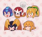  2girls 3boys android angry bass_(mega_man) black_helmet black_visor blonde_hair blue_eyes blue_helmet blush_stickers character_name clenched_teeth closed_mouth commentary english_commentary facial_mark green_eyes green_ribbon hair_ribbon happy head_only helmet highres long_hair mega_man_(character) mega_man_(classic) mega_man_(series) multiple_boys multiple_girls open_mouth original piano_(srnhuyuno) ponytail proto_man red_eyes red_helmet ribbon roll_(mega_man) scar scar_on_face scarf scowl smile srnhuyuno sunglasses teeth watermark yellow_scarf 