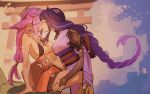  2girls absurdres animal_ears braid breasts bridal_gauntlets closed_eyes closed_mouth commentary dress earrings fox_ears genshin_impact hand_on_another's_thigh highres japanese_clothes jewelry kimono large_breasts long_hair multiple_girls obi pink_hair purple_hair purple_kimono raiden_shogun sash shabexzart sideboob single_braid smile torii white_dress yae_miko yuri 