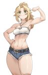  1girl absurdres bandeau bare_shoulders belt black_belt breasts commentary denim denim_shorts fate/apocrypha fate_(series) green_eyes highres jewelry long_hair looking_at_viewer lucasaobari medium_breasts mordred_(fate) mordred_(memories_at_trifas)_(fate) muscular muscular_female navel necklace official_alternate_costume ponytail shorts simple_background solo stomach thighs white_background white_bandeau 