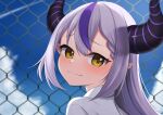  1girl absurdres blue_sky blush chain-link_fence closed_mouth cloud commentary_request day demon_girl demon_horns fence highres hololive horns la+_darknesss long_hair looking_at_viewer multicolored_hair outdoors pointy_ears portrait purple_hair purple_streaks raised_inner_eyebrows ramkilog shirt single_hair_streak sky smile solo streaked_hair virtual_youtuber white_shirt yellow_eyes 