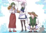  3girls alternate_headwear apron ascot back_bow black_shoes blue_dress bouquet bow bowtie braid brown_hat brown_shoes brown_thighhighs commentary_request cupcake danna_(dng_satou) dress flower food full_body green_bow green_bowtie green_hair green_vest grey_eyes grey_hair hair_bow hat high_heels highres holding holding_bouquet holding_tray holding_umbrella hong_meiling izayoi_sakuya kazami_yuuka long_hair maid maid_headdress mary_janes multiple_girls open_clothes open_mouth open_vest outdoors pants pelvic_curtain pinafore_dress plant potted_plant puffy_short_sleeves puffy_sleeves red_shoes red_vest shirt shoes short_sleeves side_slit skirt skirt_set sleeveless sleeveless_dress sleeves_rolled_up smile socks squatting sunflower thighhighs touhou translation_request tray twin_braids umbrella very_long_hair vest waist_apron white_ascot white_bow white_pants white_shirt white_socks yellow_ascot yellow_flower 