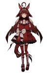  1girl ahoge breasts brown_hair closed_mouth commentary_request full_body hair_between_eyes hair_ornament highres horse_girl melvi0 own_hands_clasped own_hands_together red_desire_(divine_raiment)_(umamusume) red_desire_(umamusume) ribbon shoes simple_background small_breasts smile solo standing thighhighs umamusume veil white_background yellow_eyes 