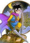  1girl belt black_hair blue_tunic bodysuit boots breasts brown_belt brown_boots brown_eyes brown_gloves castle circlet cloak commentary crescent_moon dragon_quest dragon_quest_iii earrings full_body furrowed_brow gloves heroine_(dq3) highres holding holding_shield holding_sword holding_weapon jewelry medium_breasts moon mouyi night on_one_knee purple_cloak roto_(dq3) sample_watermark shield short_hair signature solo sword tunic watermark weapon yellow_bodysuit 