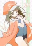  1girl bakemonogatari birthday commentary_request gift green_hair happy_birthday highres holding holding_gift jacket kingyo_(nyankomanjyuu15) monogatari_(series) polka_dot polka_dot_background school_swimsuit sengoku_nadeko star_(symbol) swimsuit 