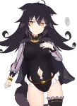  1girl absurdres ahoge animal_ears black_hair black_leotard black_thighhighs blush breasts closed_mouth clothing_cutout commentary_request cross-shaped_pupils frilled_thighhighs frills hair_between_eyes highres leotard long_hair long_sleeves looking_at_viewer medium_breasts navel navel_cutout nyaha orange_eyes original puffy_long_sleeves puffy_sleeves simple_background single_thighhigh solo symbol-shaped_pupils thighhighs translation_request white_background 