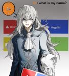  1boy argalia_(project_moon) ascot black_cape blue_jacket cape countdown_timer cowboy_shot gloves gold_trim hand_up highres hoan_miro jacket kahoot library_of_ruina long_hair long_sleeves open_mouth project_moon sidelocks smile solo very_long_hair white_ascot white_gloves white_hair 