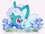 blue_bow blue_bowtie blue_flower bow bowtie commentary_request flower grass highres korean_commentary looking_at_viewer lying no_humans on_stomach open_mouth pink_eyes pokemon pokemon_(creature) pokemon_focus selyg15 solo sprigatito white_background 